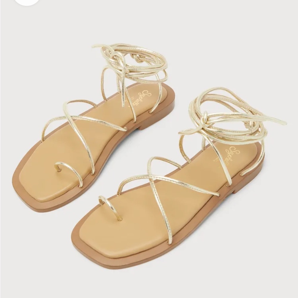 NWT Seychelles Lilac Light Gold Leather Strappy Toe Loop Lace-Up Flat Sandals